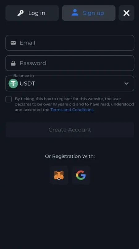 Form di registrazione Betic con campi email e password